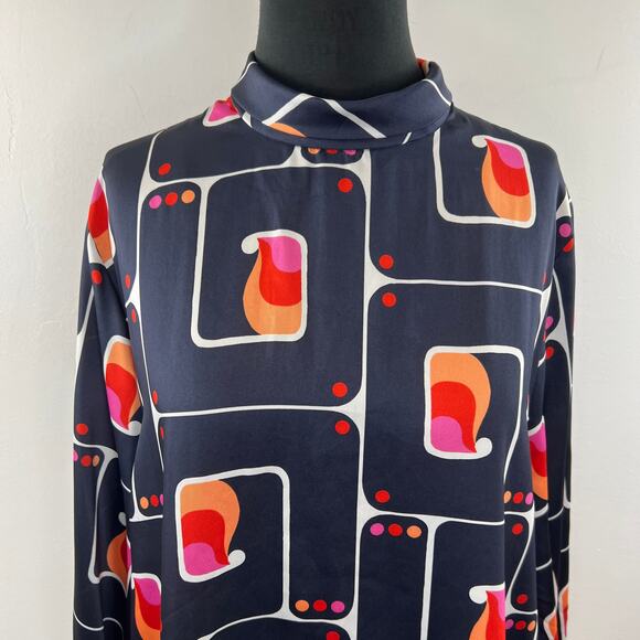 ZARA Navy Blue Orange Geometric Printed Long Sleeve Pullover Blouse Top Size L - Picture 3 of 8